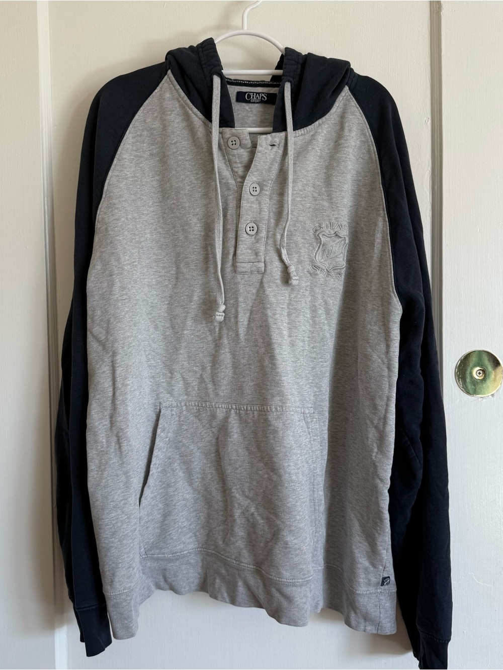 Chaps Men's Gray & Navy Blue Hooded Henley Sweatshirt